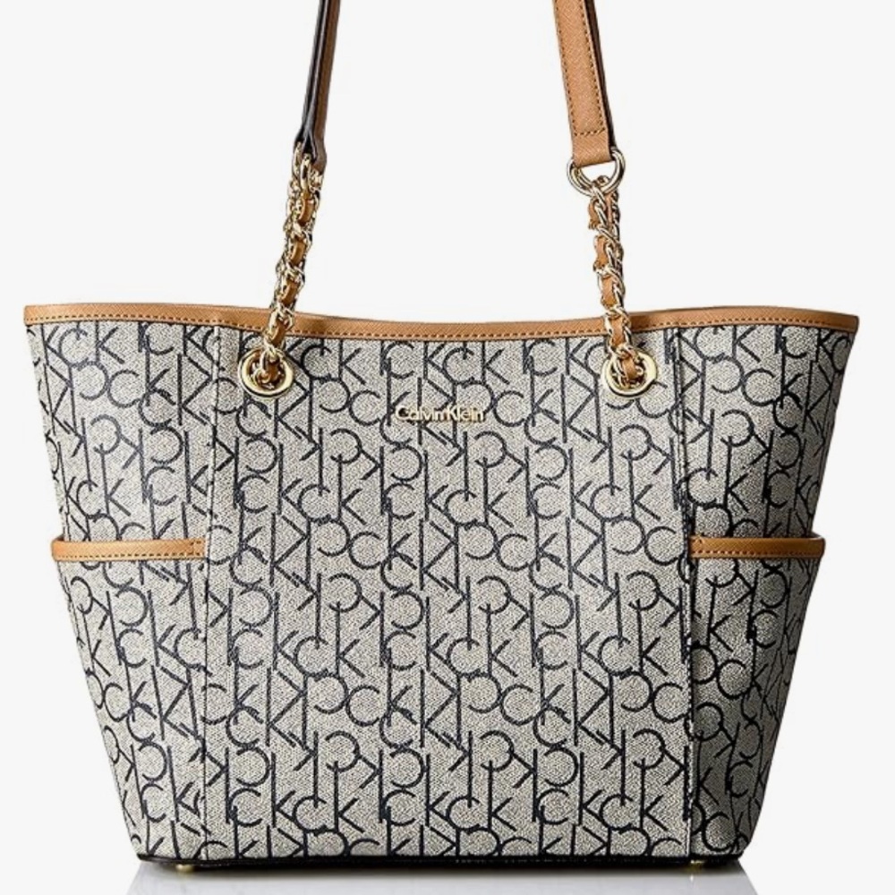Calvin Klein, Hayden, Monogram, Top Zip Chain Tote. Navy